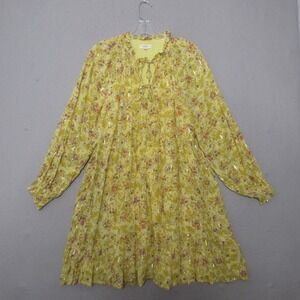 Suncoo Paris Dress T2 or Medium‎ Yellow Floral Tie Neckline Metallic Puff Sleeve